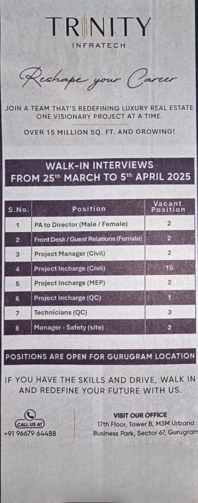 Trinity Infratech Walk-in Interviews 2025 – Hiring for Multiple Positions in Gurugram
