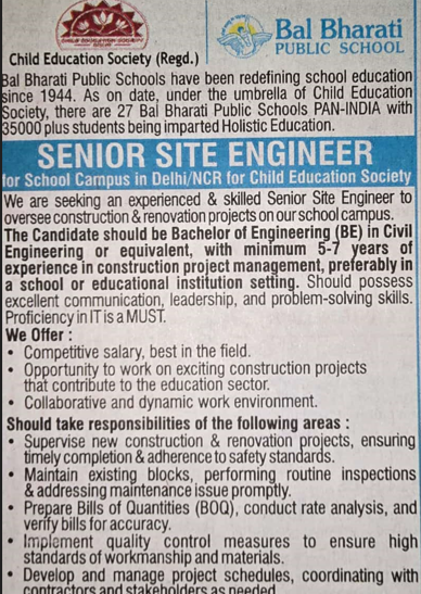 Bal Bharati Public School Recruitment 2025 | Senior Site Engineer Vacancy | Apply by 2 May 2025