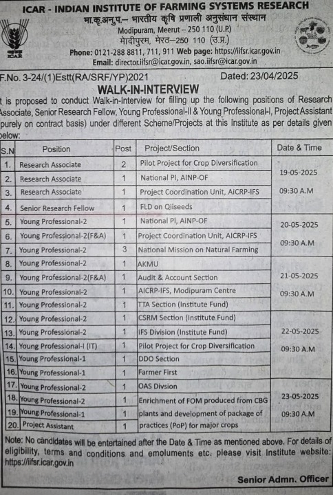 ICAR-IIFSR Recruitment 2025 – Walk-in Interviews for RA, SRF, YP & Project Assistant