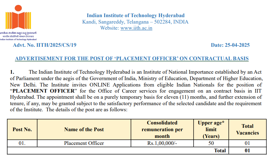 Indian Institute of Technology Hyderabad Recruitment 2025 — Placement Officer Post (Contractual)