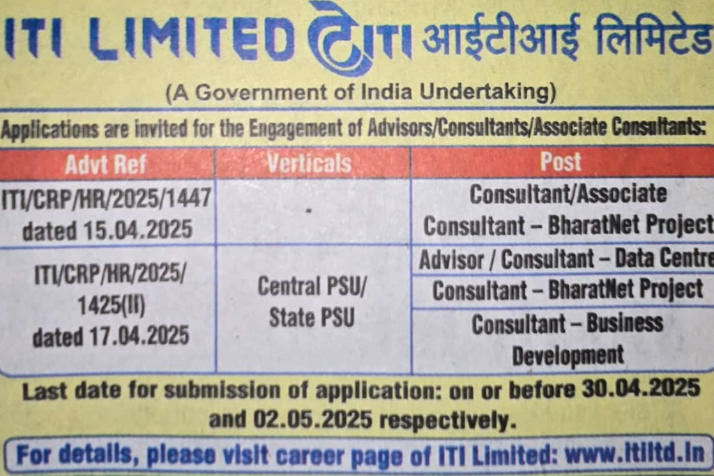 ITI Limited Recruitment 2025 – Advisors, Consultants & Associate Consultants (Contract Basis)