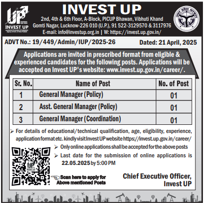 Invest UP Recruitment 2025 | Apply Online for General Manager & Assistant General Manager Posts | Last Date: 22 May 2025