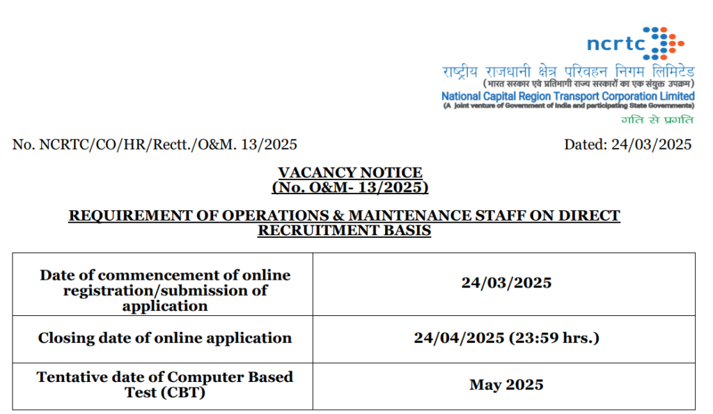 NCRTC recruitment NCRTC Online Form 2025, NCRTC Vacancy Details 2025, NCRTC O&M Posts 2025,