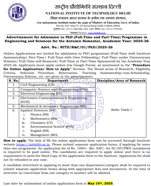 NIT Delhi Ph.D. Admission 2025-26 (Autumn Semester) – Apply Now!