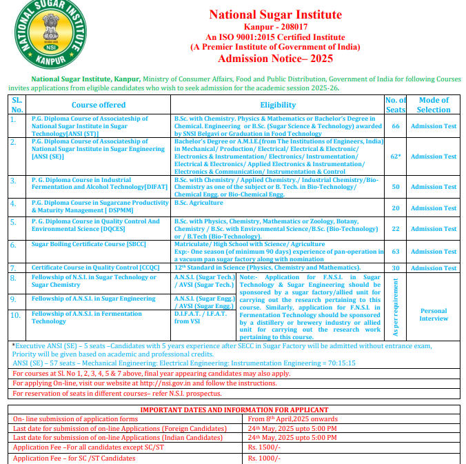 NSI admission notice