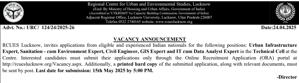 RCUES Lucknow Recruitment 2025 | Urban Infrastructure, Civil Engineer, GIS & IT Expert Positions | Apply by May 15, 2025