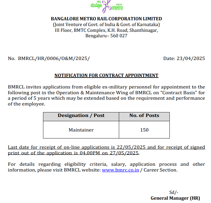 BMRCL Recruitment 2025 for Maintainer Posts – Apply Now