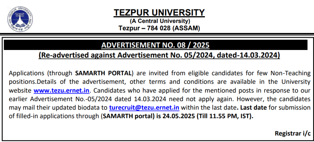 Tezpur University Recruitment 2025: Apply Online for Various Non-Teaching Posts