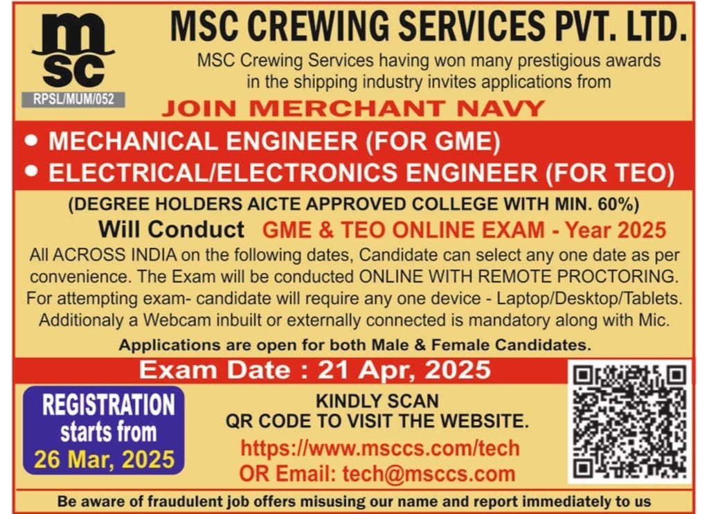 Join Merchant Navy with MSC Crewing Services – GME & TEO Recruitment 2025