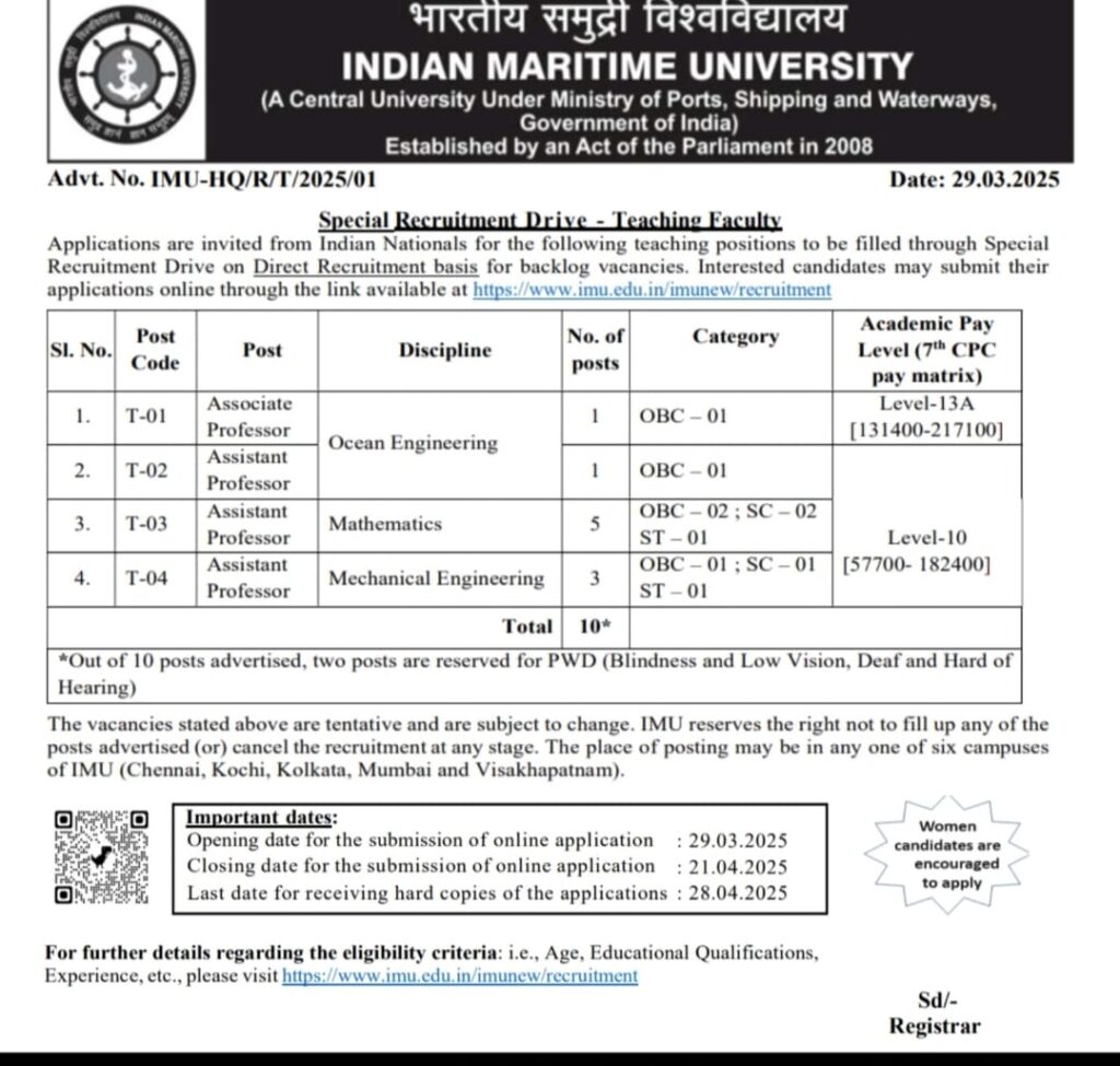 Indian Maritime University (IMU) recruitment