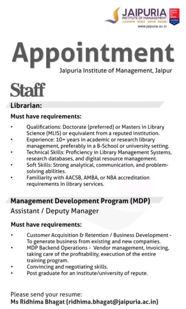Jaipuria Institute of Management Recruitment 2025: Apply for Librarian and MDP Assistant/Deputy Manager Posts