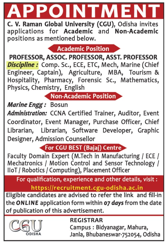 C. V. Raman Global University (CGU) recruitment