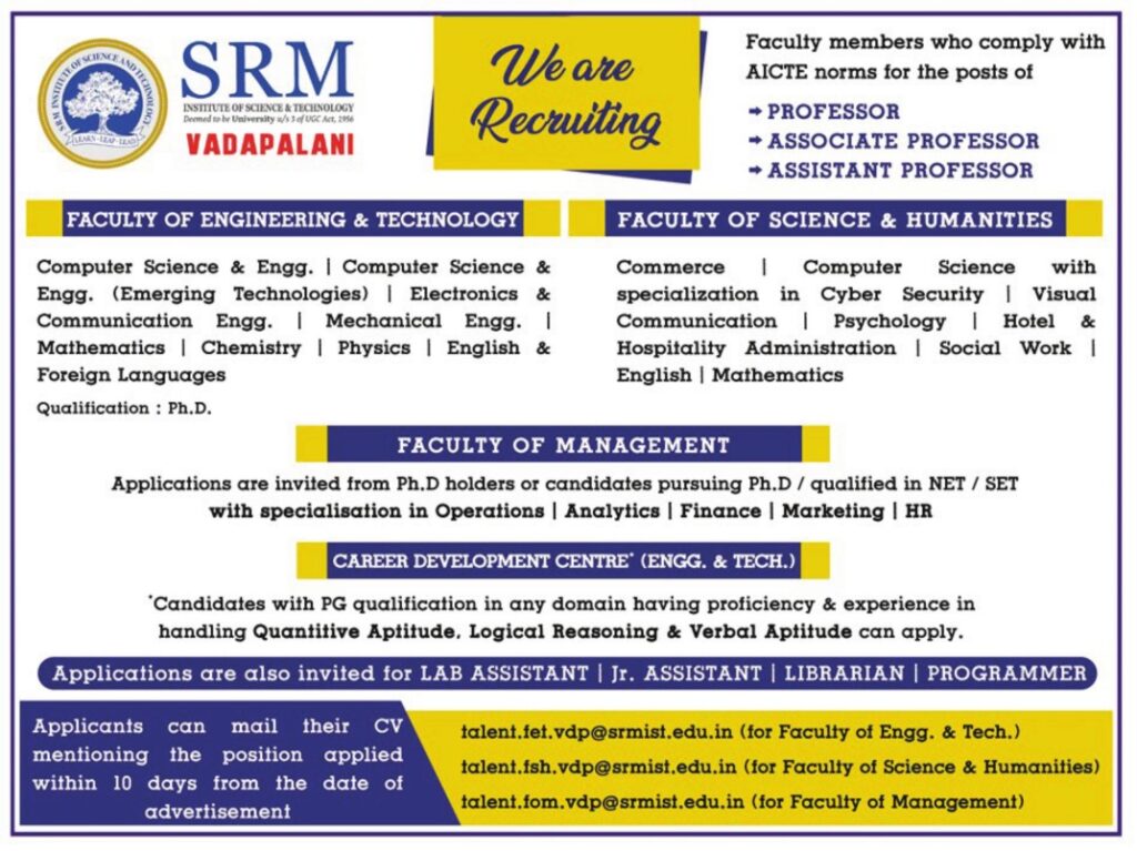 SRM Institute of Science & Technology Vadapalani Recruitment 2025 – Apply for Faculty, Lab Assistant, Programmer & More