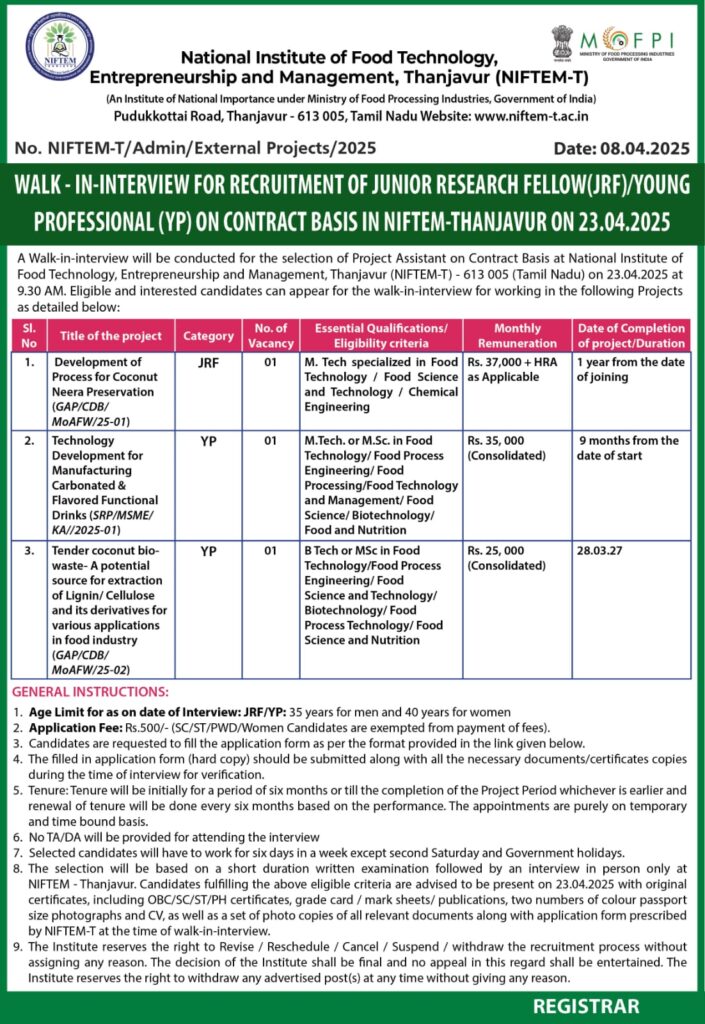 NIFTEM-T Walk-in Interview 2025: Apply for JRF & Young Professional Posts in Food Technology