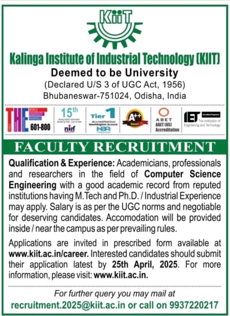 KIIT Faculty Recruitment 2025: Apply for Computer Science Engineering Faculty Positions