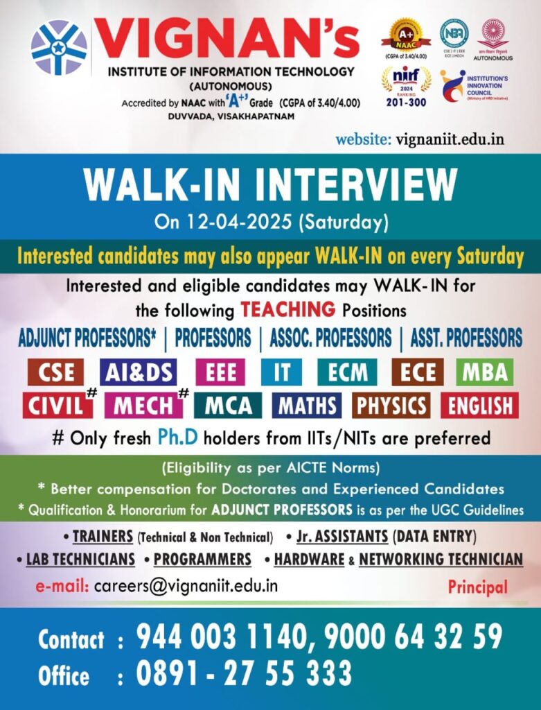 Vignan’s Institute of Information Technology Recruitment 2025 – Walk-in for Teaching & Non-Teaching Positions