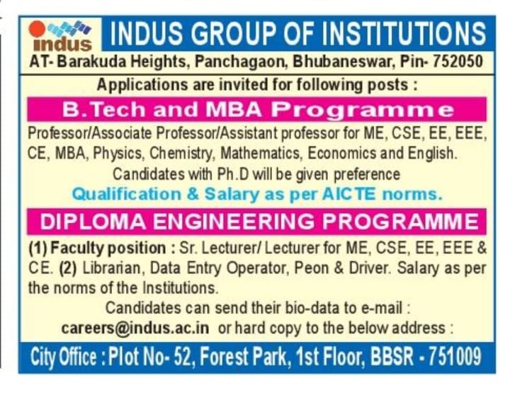 Indus Group of Institutions Recruitment 2025: Apply for Faculty & Non-Teaching Staff Posts in Bhubaneswar