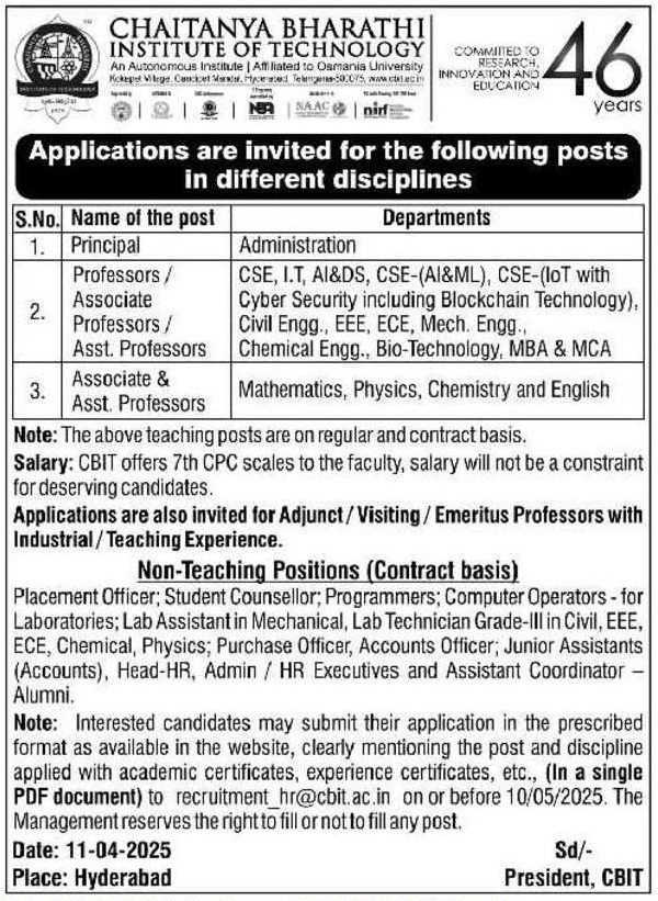 CBIT Recruitment 2025: Apply for Faculty and Non-Teaching Positions – Last Date 10th May