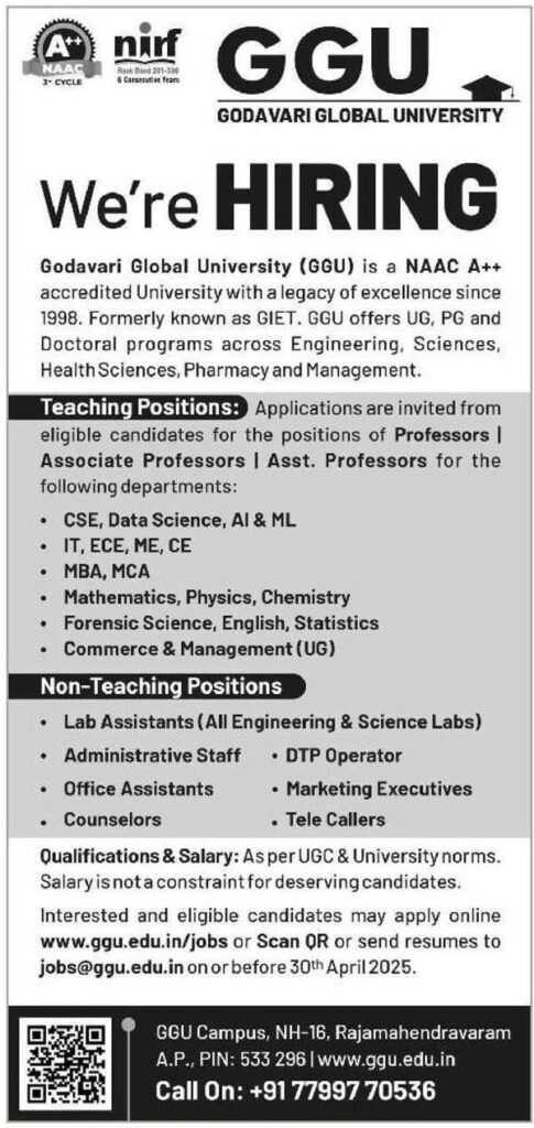 GGU Recruitment 2025: Apply for Teaching & Non-Teaching Positions at Godavari Global University