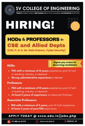 SV College of Engineering Recruitment 2025: Apply for HODs, Professors & Associate Professors – CSE & Allied Departments