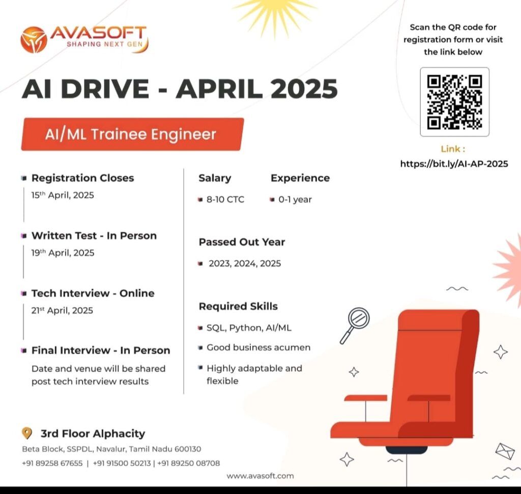 AVASOFT AI Drive – April 2025 | Hiring AI/ML Trainee Engineers (2023, 2024, 2025 Graduates)