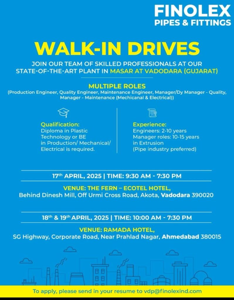 Finolex Pipes & Fittings Walk-in Drive 2025 | Engineers & Manager Roles | Apply Now!