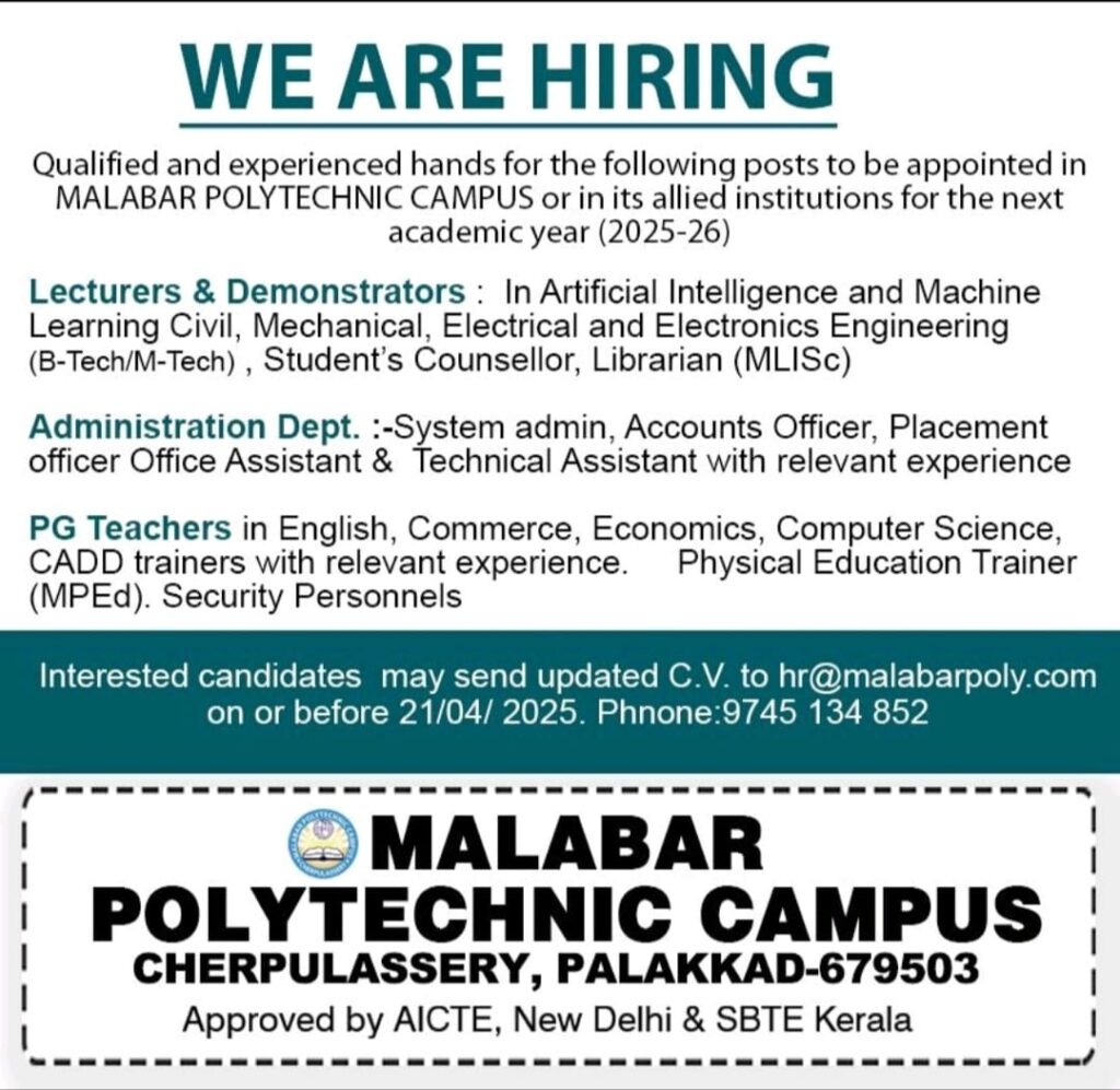 Malabar Polytechnic Campus Recruitment 2025 | Faculty & Non-Teaching Vacancies – Apply Now