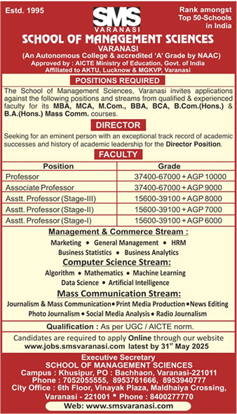 SMS Varanasi Faculty Recruitment 2025 | Professor, Associate Professor, Assistant Professor Positions