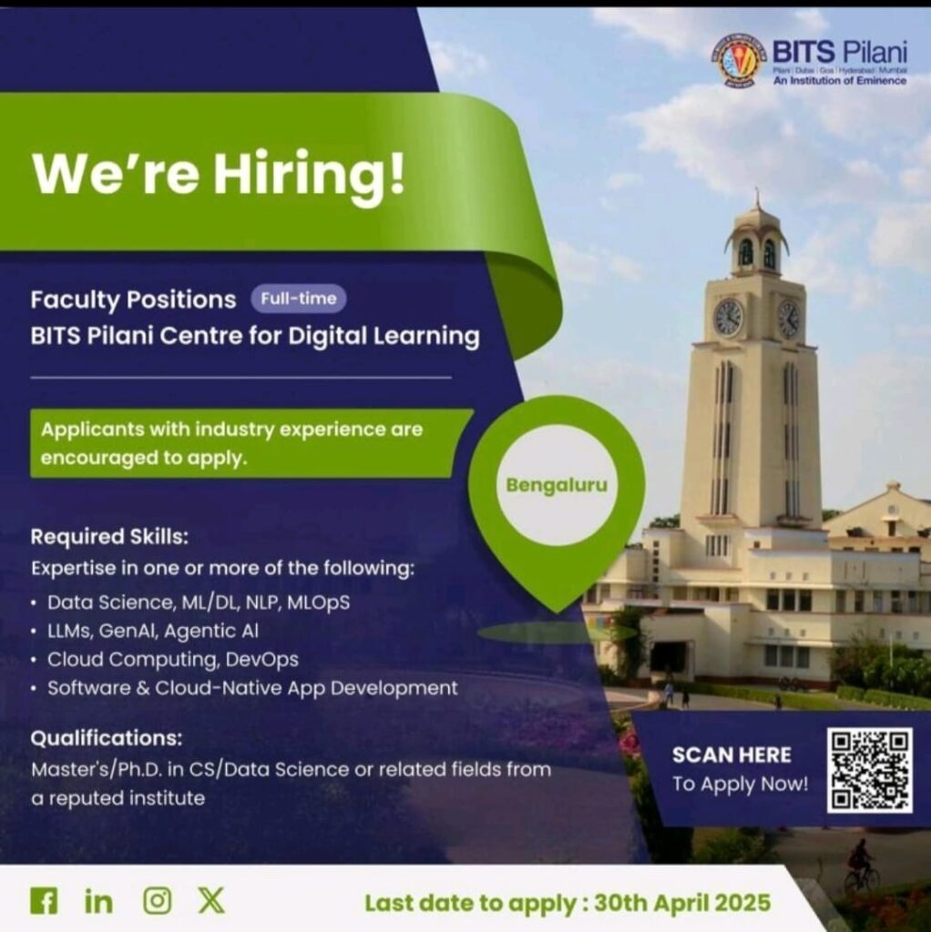 BITS Pilani Centre for Digital Learning Hiring Faculty in Data Science, AI, and Cloud Technologies – Apply by 30th April 2025