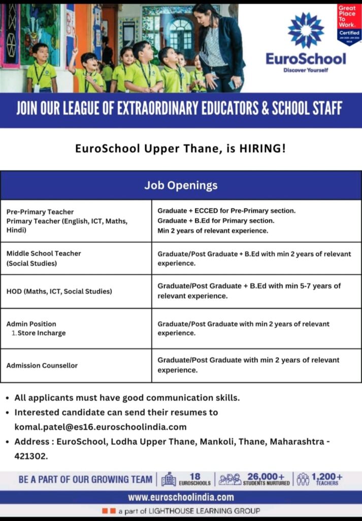 EuroSchool Upper Thane Recruitment 2025 | Teaching & Admin Jobs | Apply Now