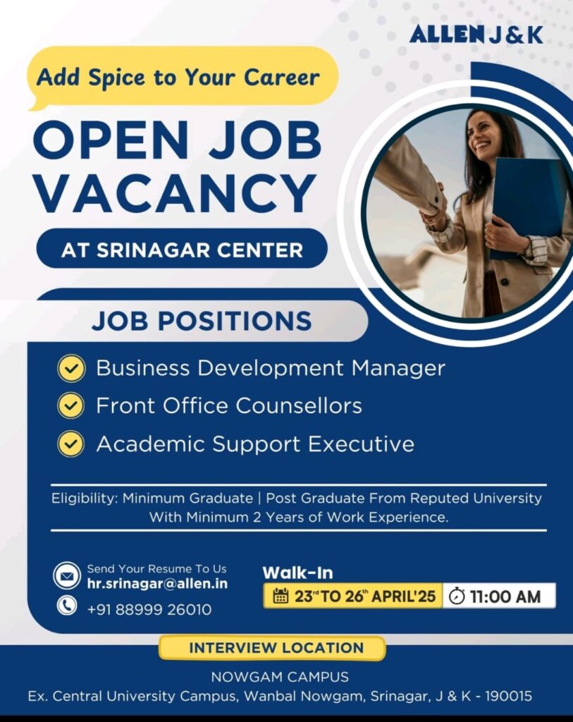 ALLEN Srinagar Recruitment 2025 | BDM, Counsellor & Academic Support Jobs | Walk-In: 23–26 April