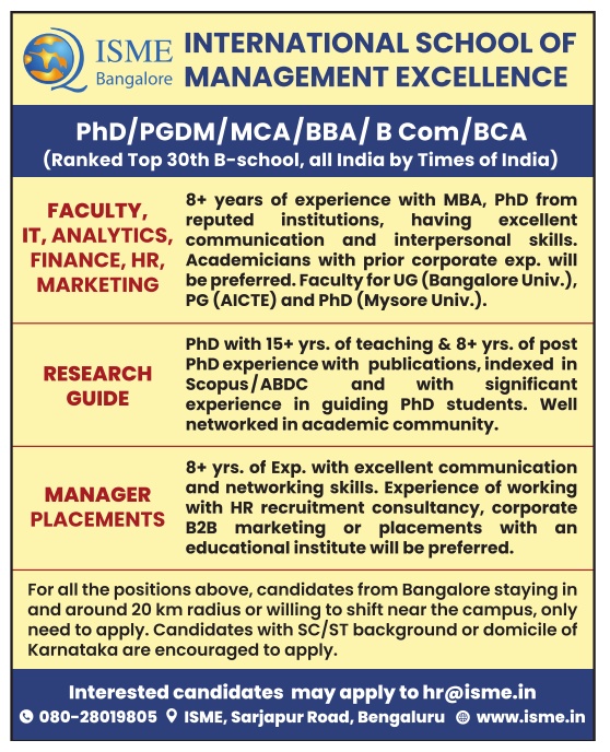 ISME Bangalore Faculty & Staff Recruitment 2025 | Finance, HR, Marketing, Research Guide & Manager Placements