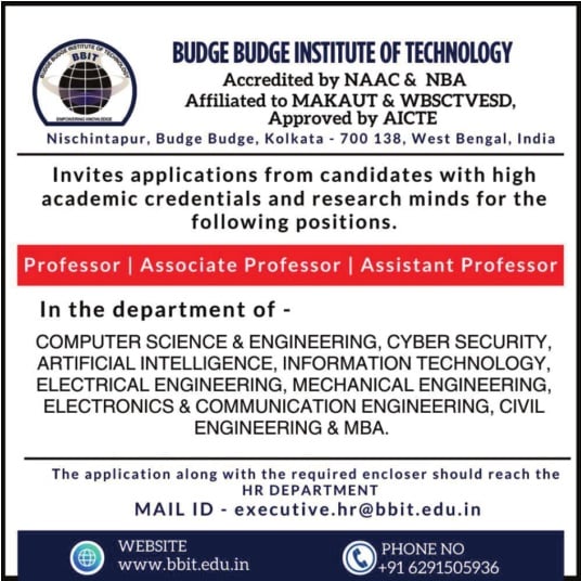 BBIT Kolkata Faculty Recruitment 2025: Apply for Professor, Associate & Assistant Professor Positions in Engineering & MBA Departments