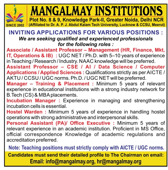 MANGALMAY INSTITUTIONS Hiring for Faculty & Administrative Positions in Greater Noida - Apply Now
