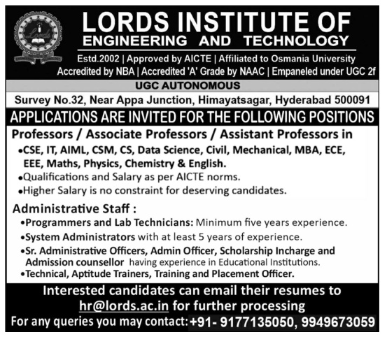 LORDS Institute of Engineering and Technology, Hyderabad – 2025 Faculty & Administrative Recruitment | Apply Now