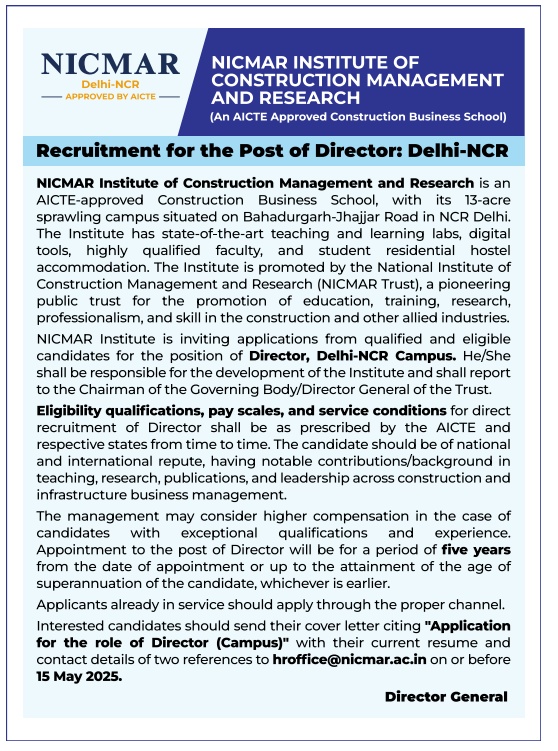 NICMAR Institute of Construction Management and Research - Delhi-NCR | Recruitment for the Post of Director
