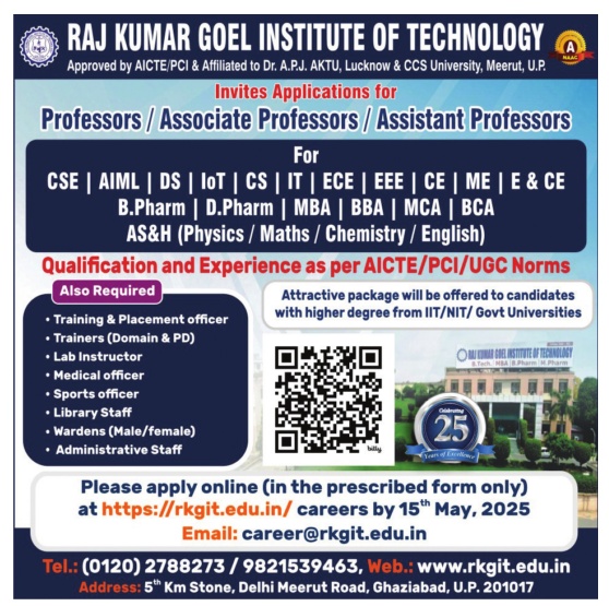 Faculty & Staff Recruitment 2025 – Raj Kumar Goel Institute of Technology, Ghaziabad