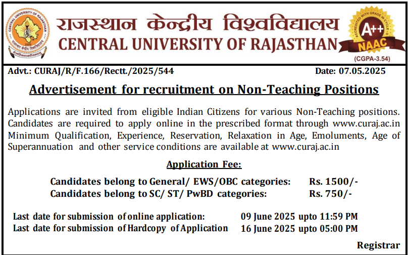 Central University of Rajasthan Non-Teaching Recruitment 2025 – Apply Online for 07 Posts