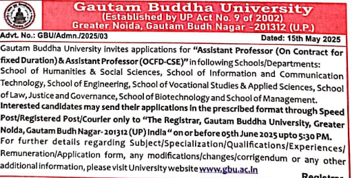 Gautam Buddha University Recruitment 2025: