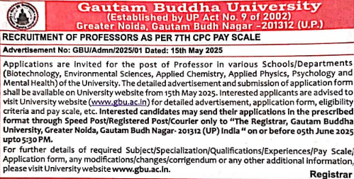 Gautam Buddha University Professor Recruitment 2025