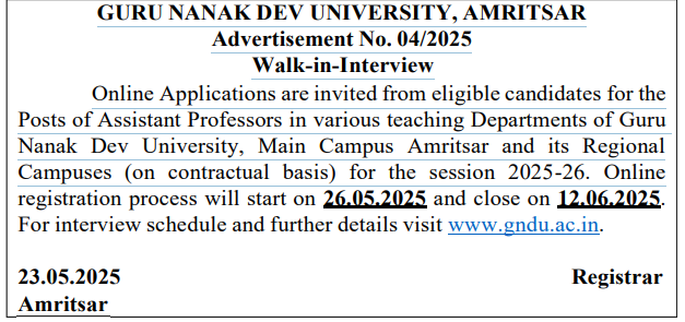 Guru Nanak Dev University Assistant Professor Walk-in Interview 2025