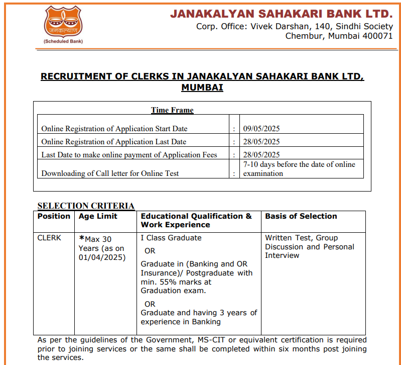 Janakalyan Sahakari Bank Ltd. Recruitment 2025