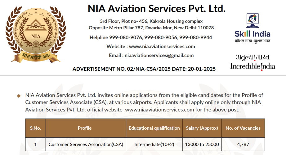 Recruitment for Customer Services Associate (CSA) at NIA Aviation Services Pvt. Ltd. – 2025