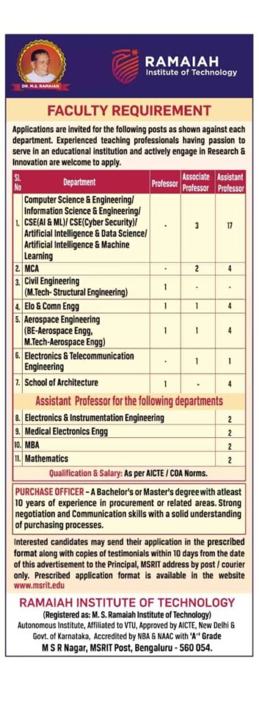 Faculty Recruitment at Dr. H.S. Ramaiah Institute of Technology (MSRIT), Bengaluru