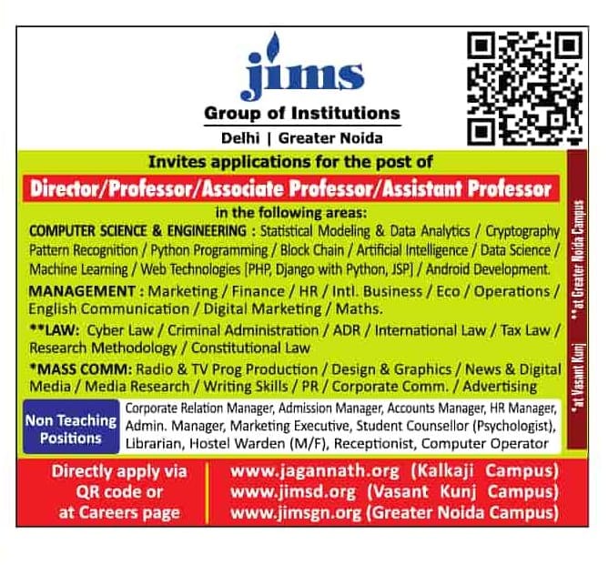 JIMS Group of Institutions, Delhi-NCR Recruitment 2025: Faculty & Non-Teaching Positions Open