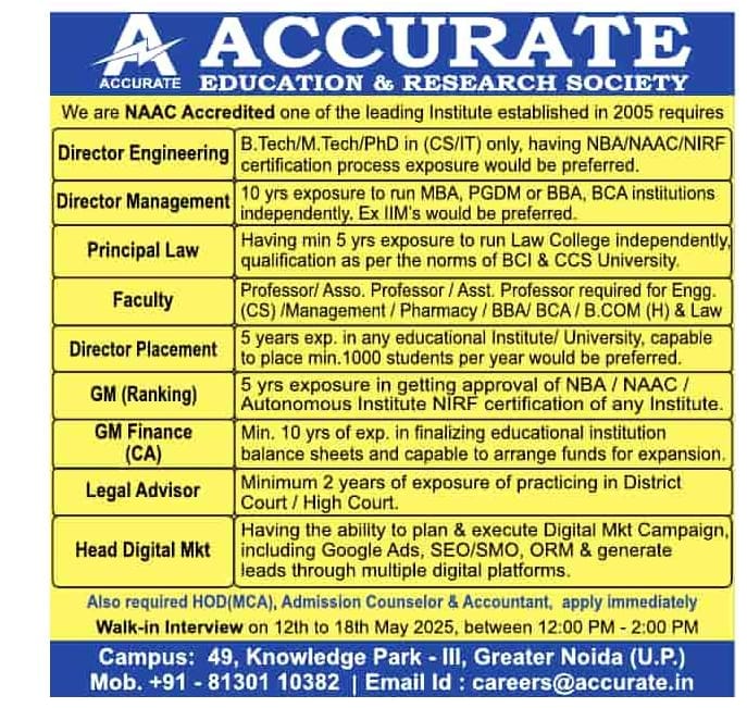 Career Opportunities at Accurate Education & Research Society – Walk-in Interview for Various Positions
