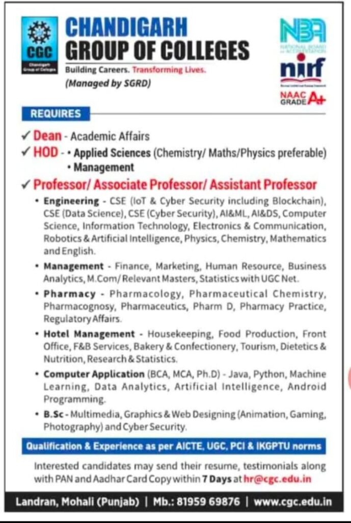 Chandigarh Group of Colleges (CGC), Mohali - Faculty Recruitment