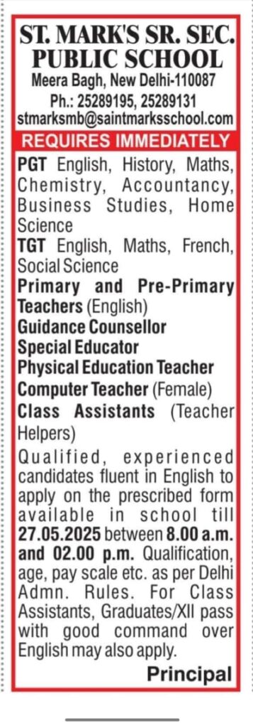 St. Mark’s Sr. Sec. Public School Recruitment 2025