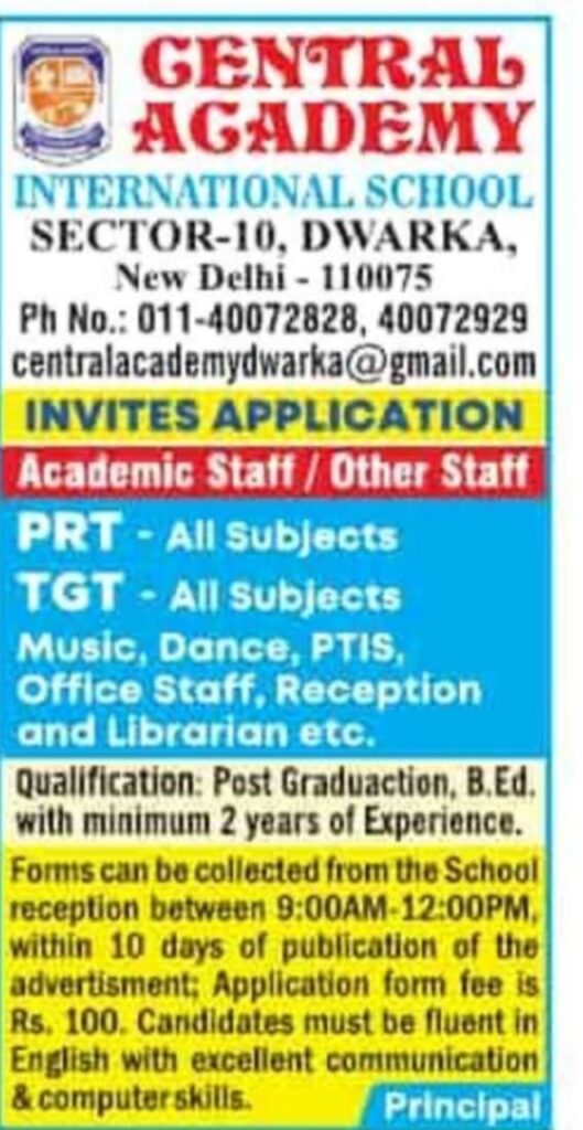 Central Academy International School Recruitment 2025: Teaching & Non-Teaching Posts