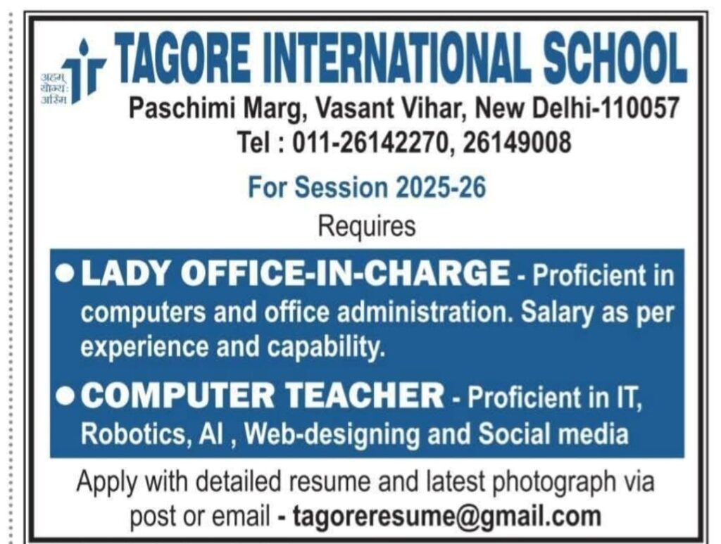 Tagore International School Recruitment 2025-26